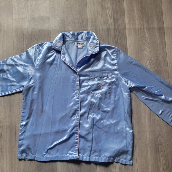 Anthony Richards Womens Light Blue Satin Pajama Set Embroidered Collar Pocket Lp - Picture 6 of 11